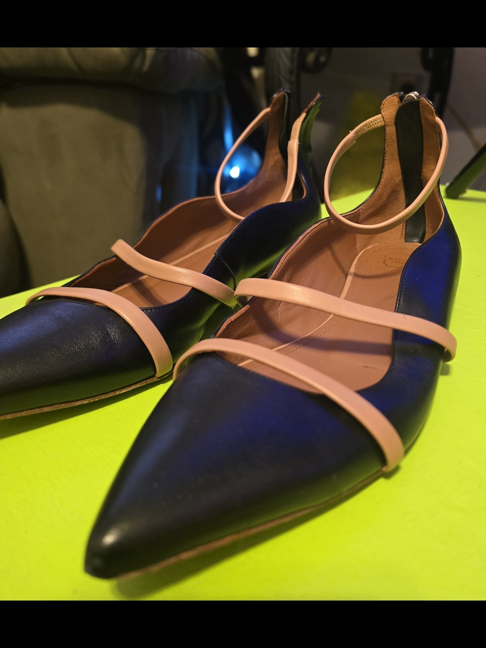 Malone Souliers Black Pointed-Toe Flats with Tan Straps